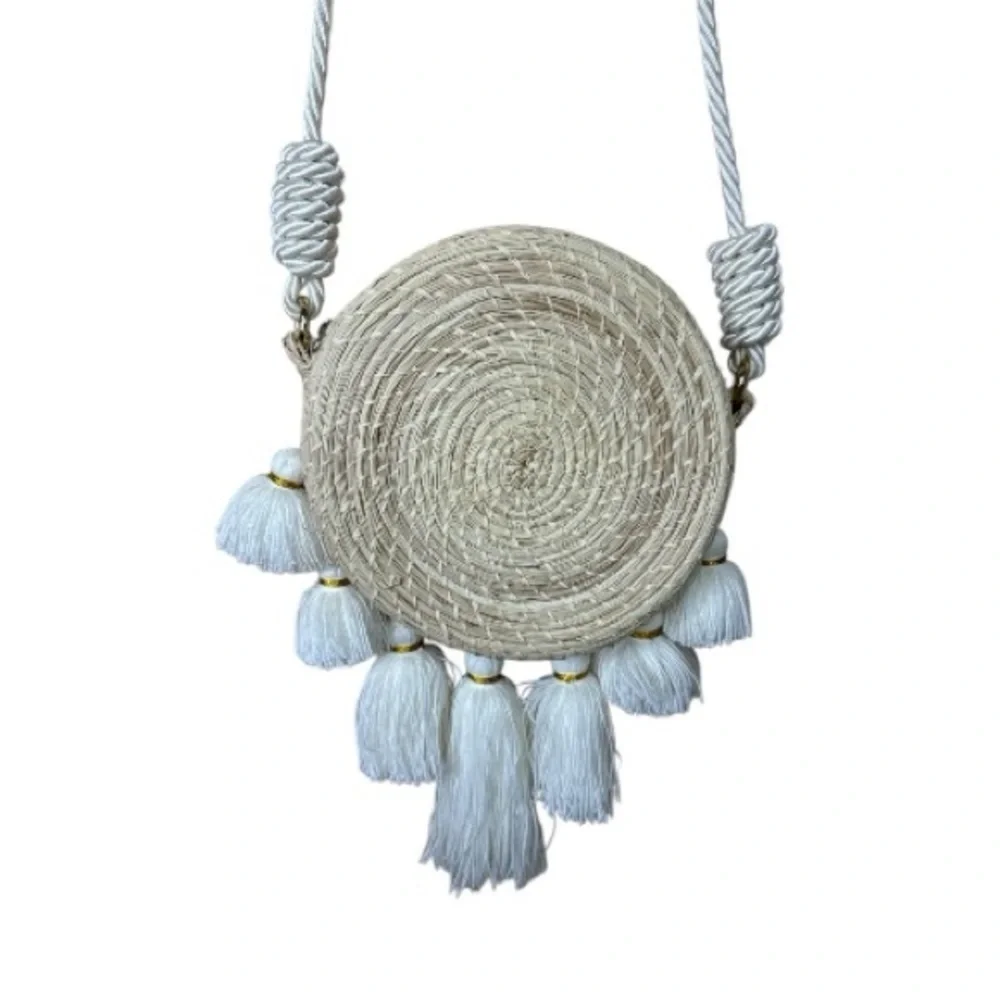 Boho Round Woven Crossbody Bag with Tassels | Teal Embroidery